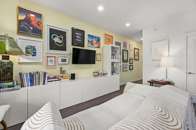 4361 S Congress Ave Unit 427, Austin, TX 78745 - bedroom with wood finished floors, recessed lighting, and baseboards