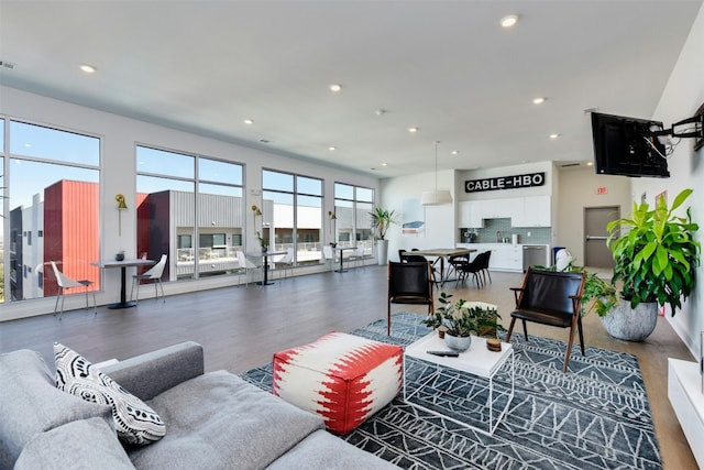 living room featuring recessed lighting and wood finished floors