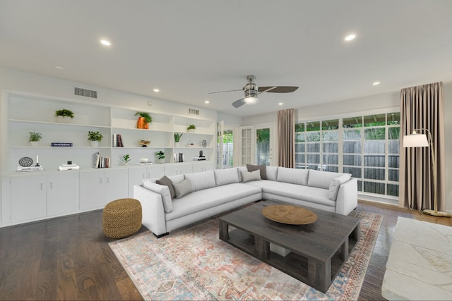 3514 Lakeland Dr, Austin, TX 78731 - living room featuring dark wood finished floors, visible vents, a ceiling fan, and recessed lighting