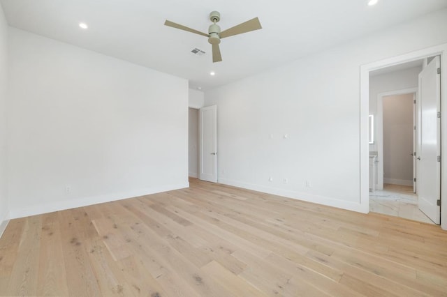 empty room with visible vents, baseboards, recessed lighting, a ceiling fan, and light wood finished floors