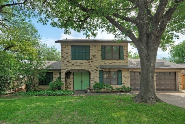view of front of home featuring concrete driveway, brick siding, an attached garage, and a front lawn