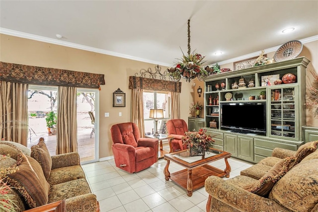 living room featuring baseboards, ornamental molding, and light tile patterned floors