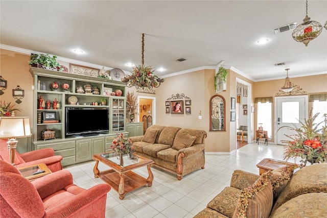 living room with crown molding, light tile patterned flooring, and recessed lighting