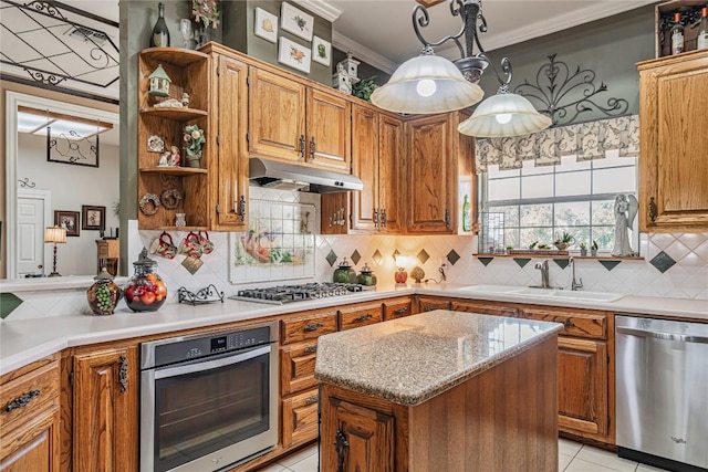 kitchen with open shelves, appliances with stainless steel finishes, a sink, decorative backsplash, and under cabinet range hood
