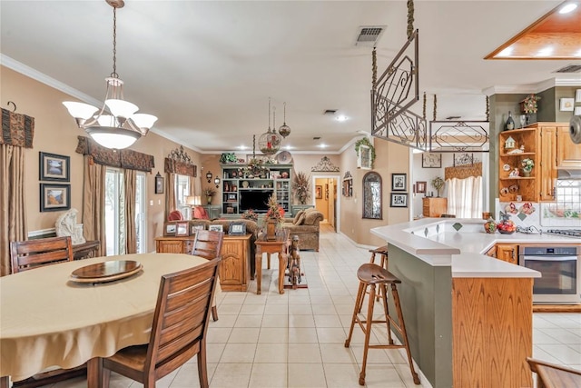 kitchen featuring visible vents, open shelves, light tile patterned floors, a peninsula, and stainless steel appliances