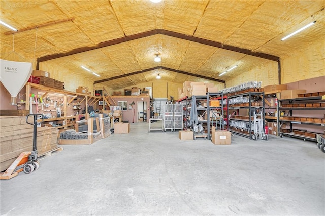 garage with a workshop area