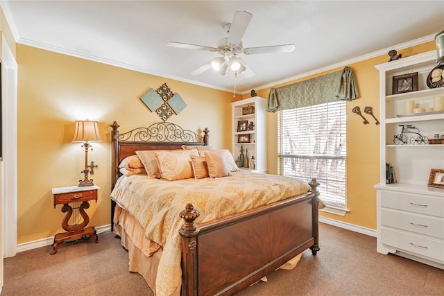 bedroom featuring crown molding, baseboards, multiple windows, and light carpet