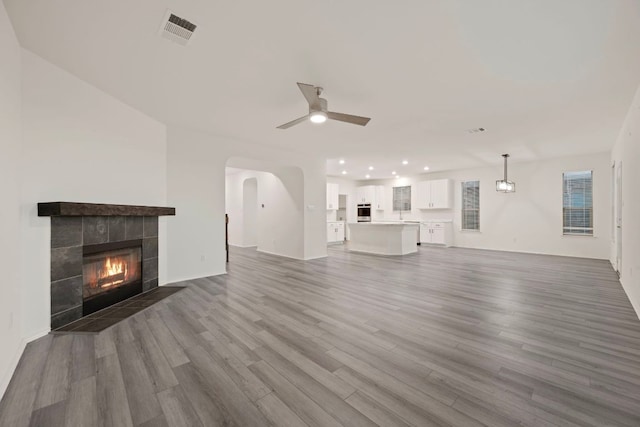 3944 Tufino Ln, Round Rock, TX 78665 - unfurnished living room featuring ceiling fan, wood finished floors, a fireplace, recessed lighting, and arched walkways