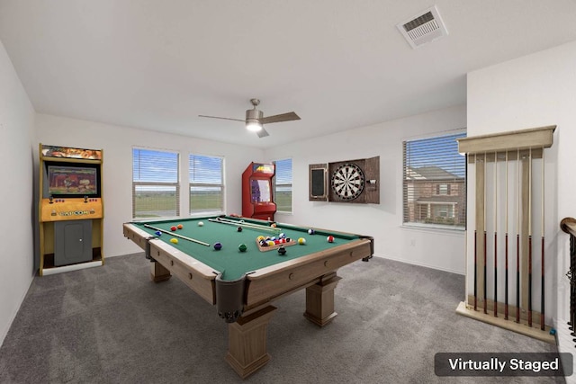3944 Tufino Ln, Round Rock, TX 78665 - recreation room with baseboards, carpet flooring, ceiling fan, visible vents, and billiards