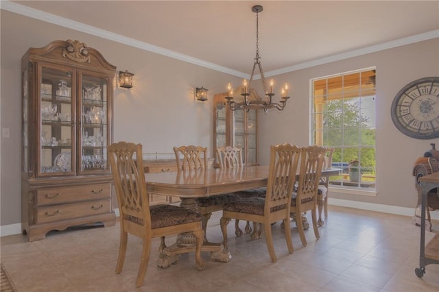 dining space featuring baseboards, ornamental molding, light tile patterned flooring, and a notable chandelier
