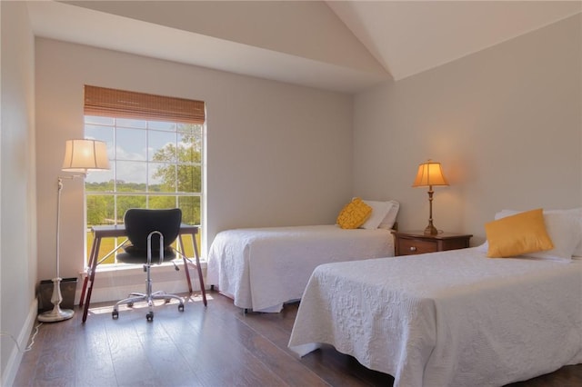 bedroom with lofted ceiling, wood finished floors, and multiple windows