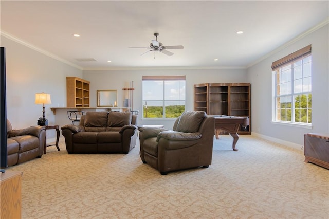 living room featuring carpet floors, a ceiling fan, baseboards, billiards, and ornamental molding