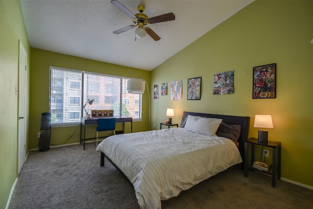 bedroom with baseboards, a ceiling fan, carpet, and vaulted ceiling