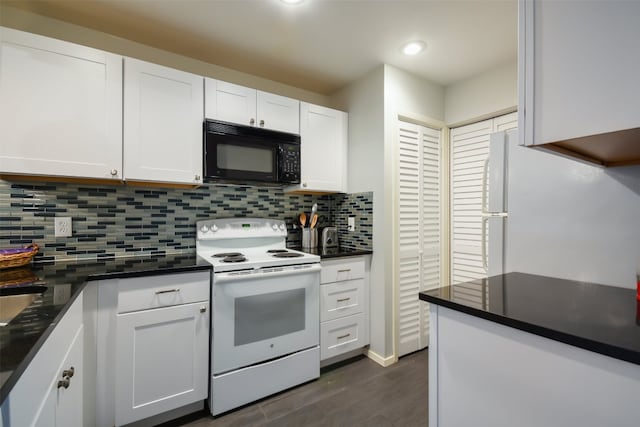 kitchen with decorative backsplash, dark countertops, white appliances, dark wood-style floors, and white cabinets