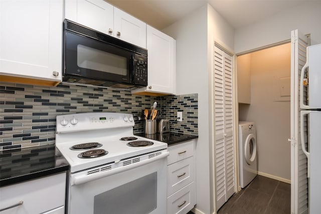 kitchen with decorative backsplash, dark countertops, washer / dryer, white appliances, and white cabinetry