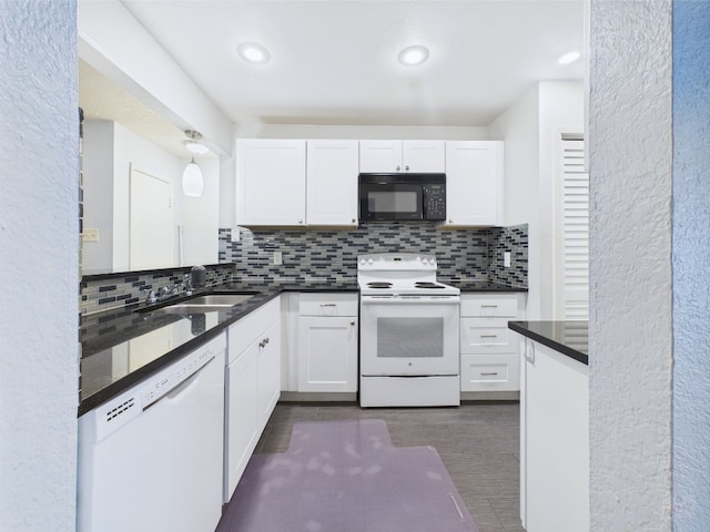 806 W 24th St Unit 312, Austin, TX 78705 - kitchen featuring white appliances, a sink, decorative backsplash, white cabinets, and recessed lighting