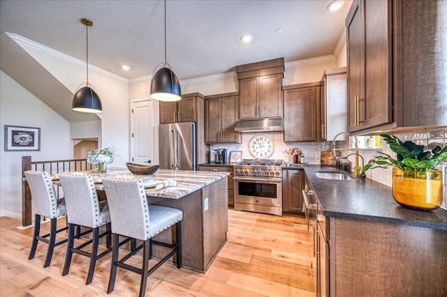 kitchen featuring a kitchen island, a kitchen breakfast bar, under cabinet range hood, a sink, and premium appliances