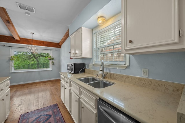 kitchen with visible vents, light wood-type flooring, white cabinetry, a sink, and appliances with stainless steel finishes