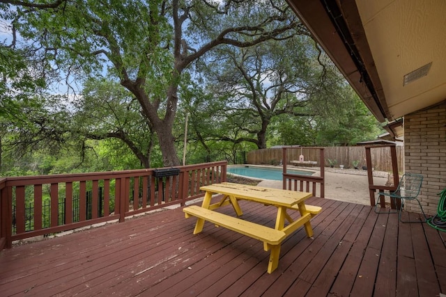 wooden deck with a fenced in pool and a fenced backyard