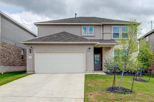 17325 Casanova Ave, Pflugerville, TX 78660 - traditional-style home with stucco siding, driveway, a front yard, an attached garage, and roof with shingles