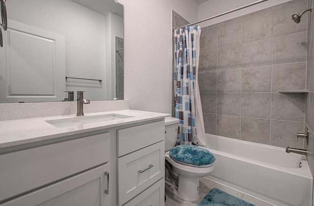 full bath with vanity, tile patterned flooring, shower / bath combination with curtain, and toilet
