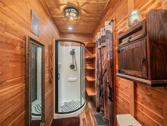 1207 Flag St, Llano, TX 78643 - full bath with wood finished floors, wood walls, a stall shower, and toilet