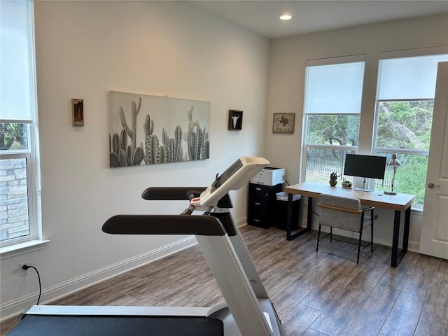 office with recessed lighting, baseboards, and wood finished floors