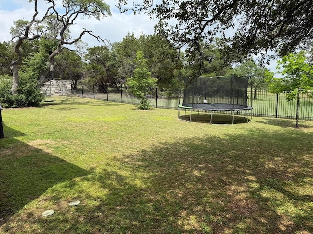 view of yard with a fenced backyard and a trampoline