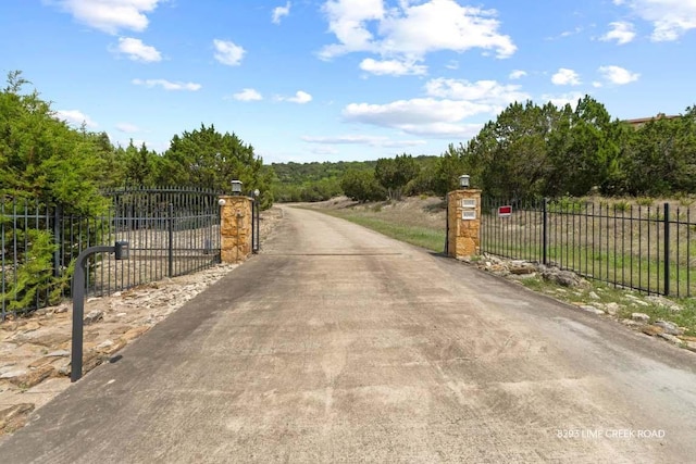 view of road with a gate, a gated entry, and concrete driveway