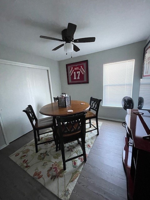 3508 Sandy Brook Dr, Round Rock, TX 78665 - dining space featuring baseboards, a ceiling fan, and wood finished floors