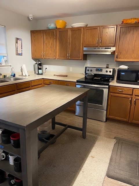 3508 Sandy Brook Dr, Round Rock, TX 78665 - kitchen with black microwave, brown cabinetry, under cabinet range hood, and electric stove