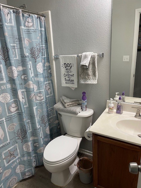 3508 Sandy Brook Dr, Round Rock, TX 78665 - bathroom with vanity, a textured wall, toilet, and wood finished floors