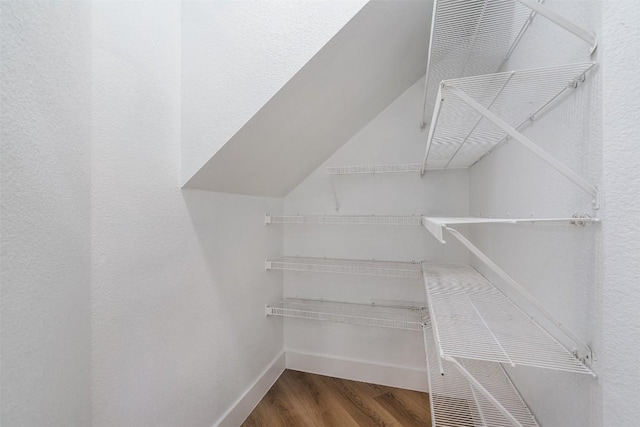 spacious closet featuring wood finished floors and lofted ceiling