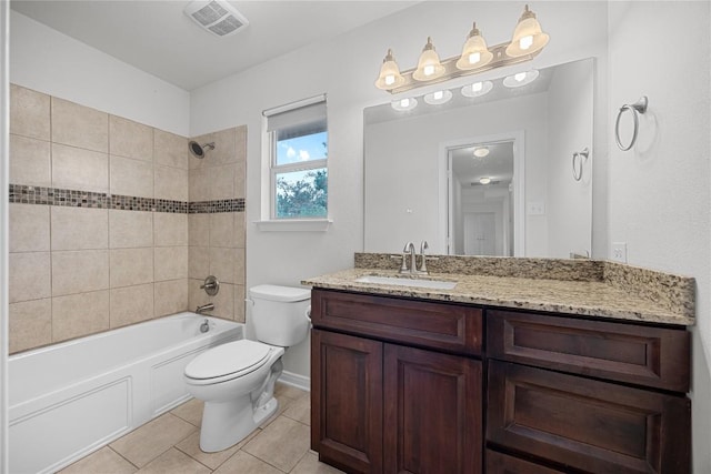 full bath with visible vents, tile patterned flooring, shower / washtub combination, vanity, and toilet