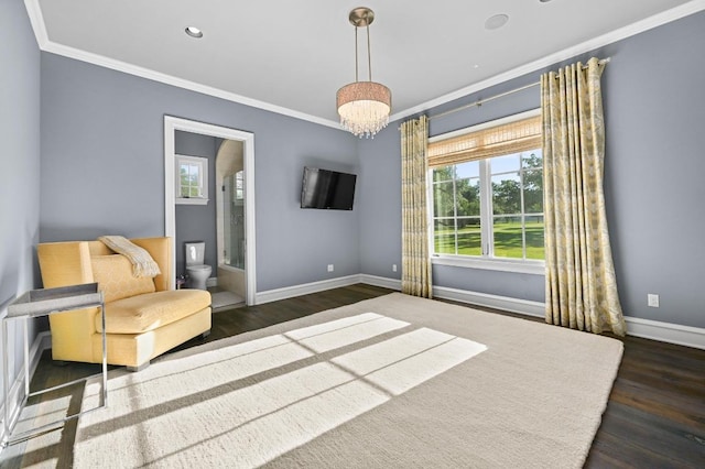 living area with baseboards, ornamental molding, dark wood-style floors, and recessed lighting