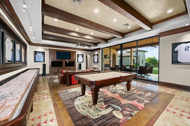 rec room featuring pool table, a ceiling fan, baseboards, and visible vents