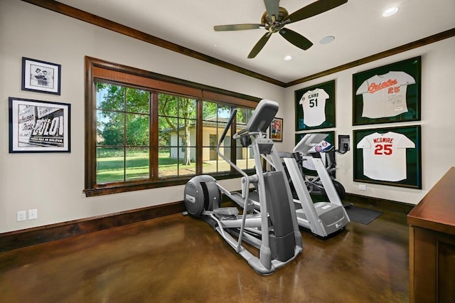 workout area with crown molding, recessed lighting, ceiling fan, and baseboards