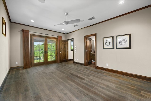 unfurnished living room with crown molding, a ceiling fan, baseboards, and dark wood-type flooring