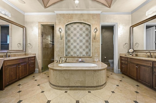 bathroom with toilet, two vanities, a bath, a shower stall, and a sink