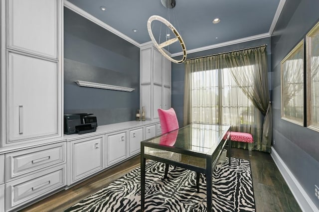 home office featuring baseboards, ornamental molding, dark wood finished floors, and a chandelier