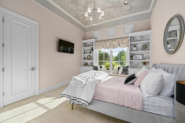 511 County Road 262, Georgetown, TX 78633 - bedroom featuring a chandelier, ornamental molding, access to exterior, carpet floors, and baseboards