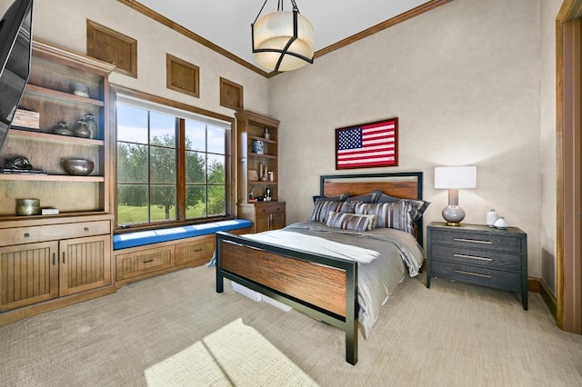 bedroom featuring light colored carpet, ornamental molding, and a towering ceiling