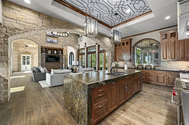 kitchen with a sink, a raised ceiling, dark wood-type flooring, a center island with sink, and glass insert cabinets