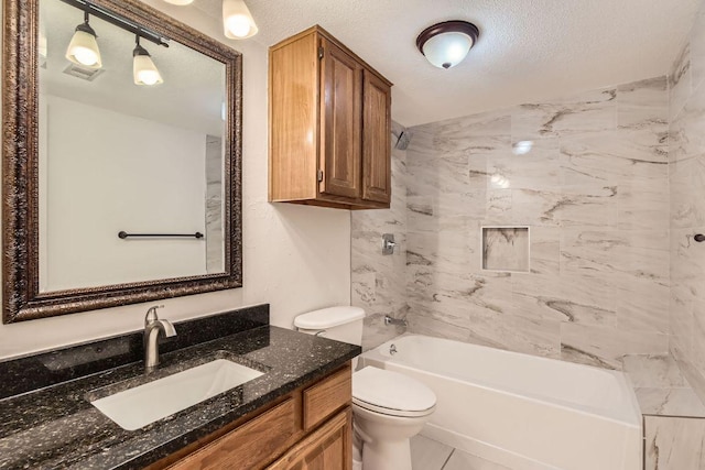 4318 Clarno Dr, Austin, TX 78749 - bathroom featuring toilet, vanity, a textured ceiling, and  shower combination