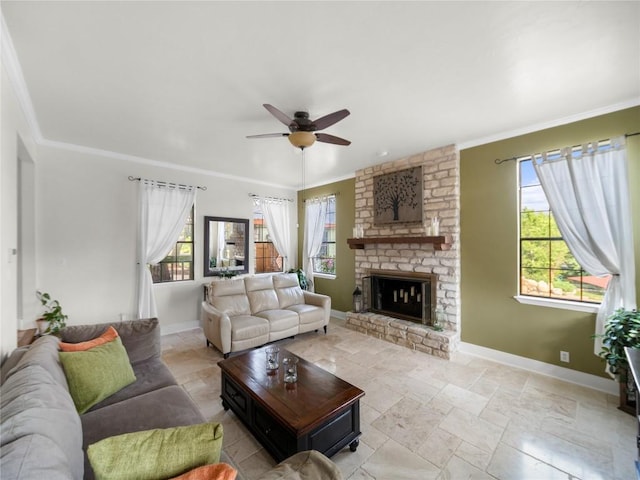 6407 Poncha Pass, Austin, TX 78749 - living area featuring ceiling fan, plenty of natural light, crown molding, a fireplace, and baseboards