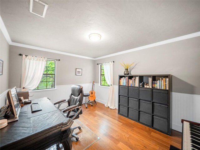 6407 Poncha Pass, Austin, TX 78749 - office area with a wainscoted wall, wood finished floors, healthy amount of natural light, and ornamental molding