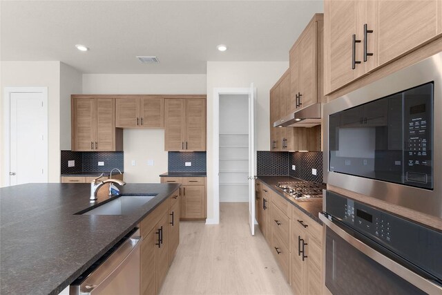 2705 Sage Ranch Dr Unit 22, Leander, TX 78641 - kitchen with stainless steel appliances, light wood-type flooring, under cabinet range hood, light brown cabinets, and backsplash