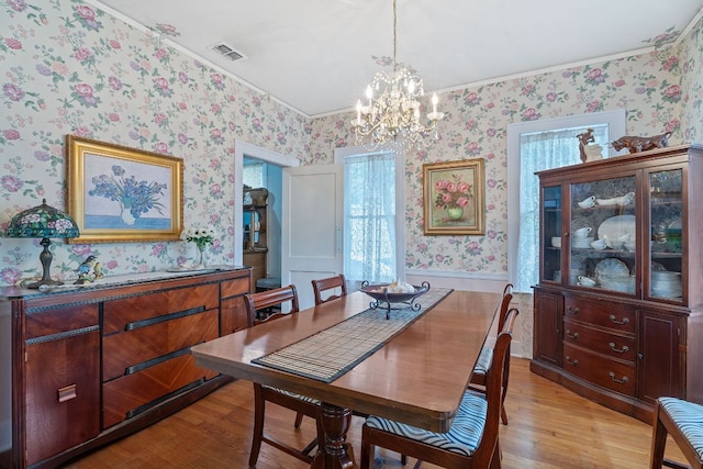 dining room featuring wallpapered walls, visible vents, and light wood-style floors