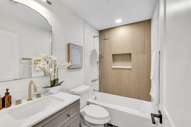 full bath with toilet, shower / bath combination, recessed lighting, and vanity
