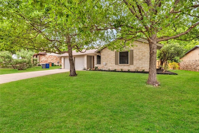 ranch-style house with concrete driveway, brick siding, an attached garage, and a front lawn